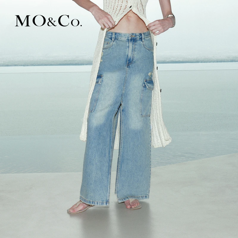 MOCO春做旧破洞拉须高腰开叉汉麻牛仔半身裙MBD1SKT023