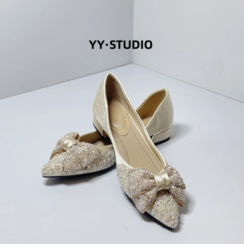 女式单鞋浅口新款瓢鞋蝴蝶节鞋子方头水钻女鞋法式气质2025平底