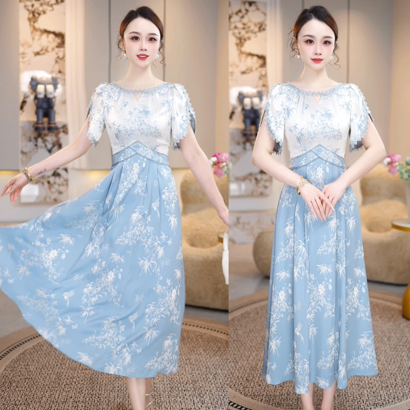 【青雀衔梅】假两件夏季连衣裙2025年新款气质高贵轻奢高端A字裙子
