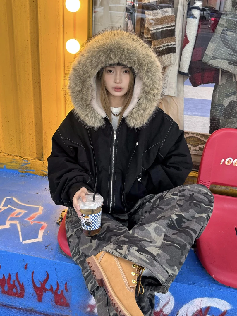 美式复古高级感毛领连帽棉衣女2025秋冬新款宽松加厚保暖棉服外套