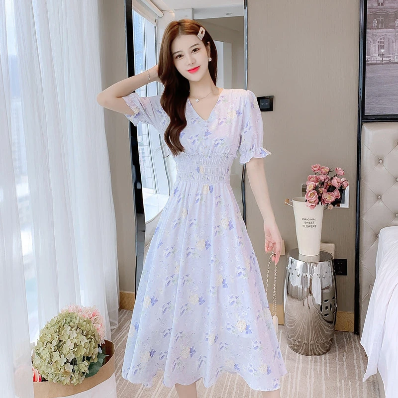 新款夏季气质连衣裙裙子韩版甜美可爱风格衣服雪纺法式甜美高腰