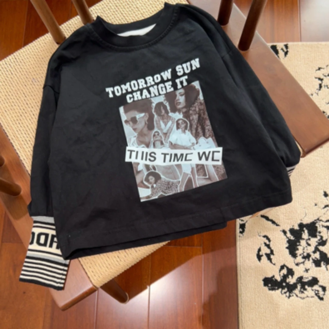 【编号D411】C306-01-儿童条纹收口袖卫衣 黑色-YJ