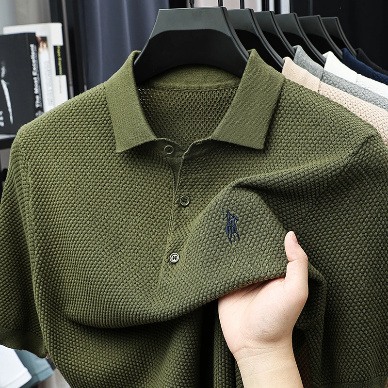 轻奢夏季菠萝纹100%棉刺绣针织短袖男士时尚休闲POLO衫T恤翻领