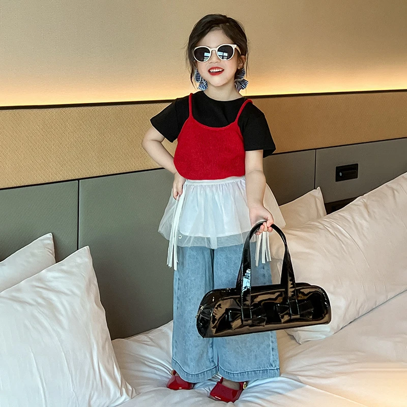 R25042韩版女童短袖T恤打底衣针织吊带春季新款网纱屁帘牛仔裤