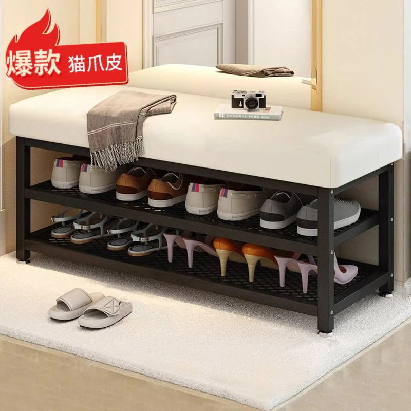 猫爪皮换鞋凳门口家用入户玄关穿鞋凳简约鞋架坐凳一体进门碳钢架