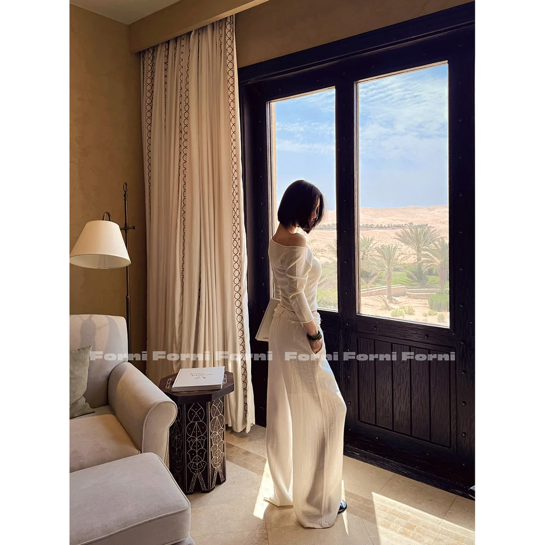 FORNI 布蕾少女 空气亚麻欧若风蕾丝拼接设计感直筒阔腿长裤