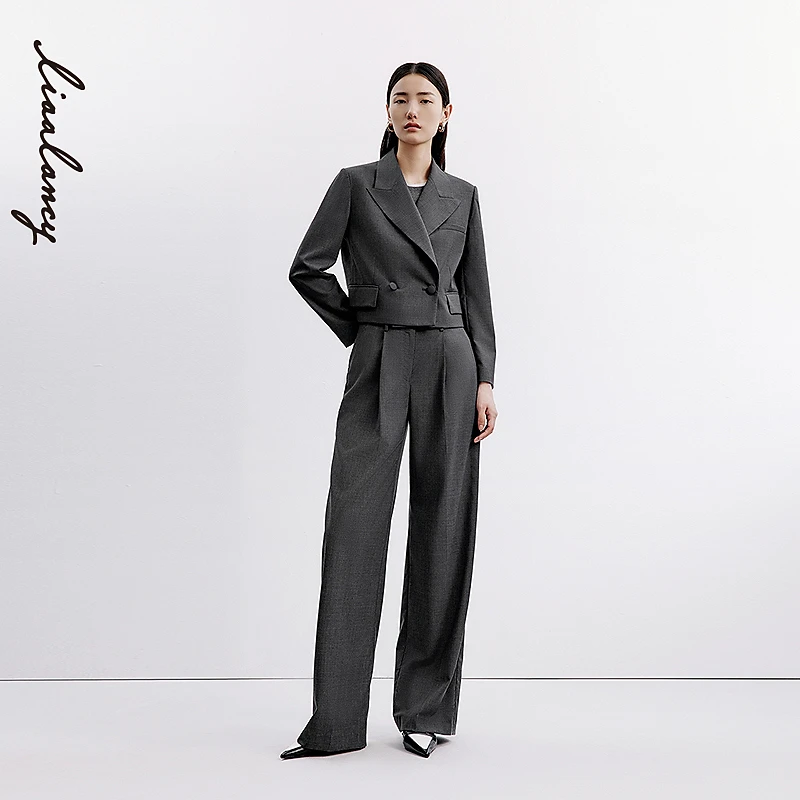 LANCY/朗姿2024秋季新款大翻领纯羊毛西装短外套女时尚休闲西服