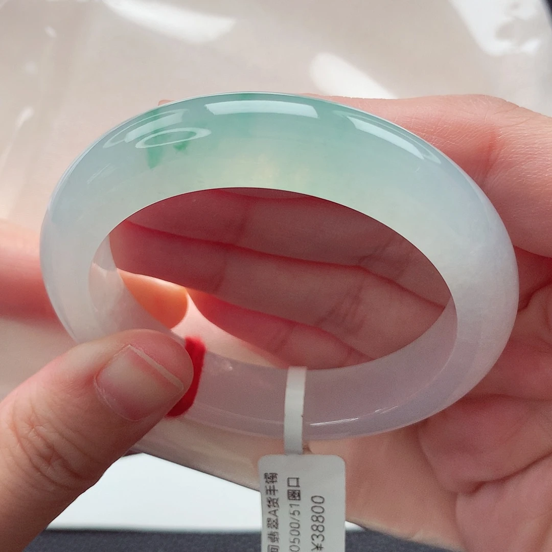 翡翠未镶嵌手镯51 52圈口 冰胶飘绿花 小圈口毕业款