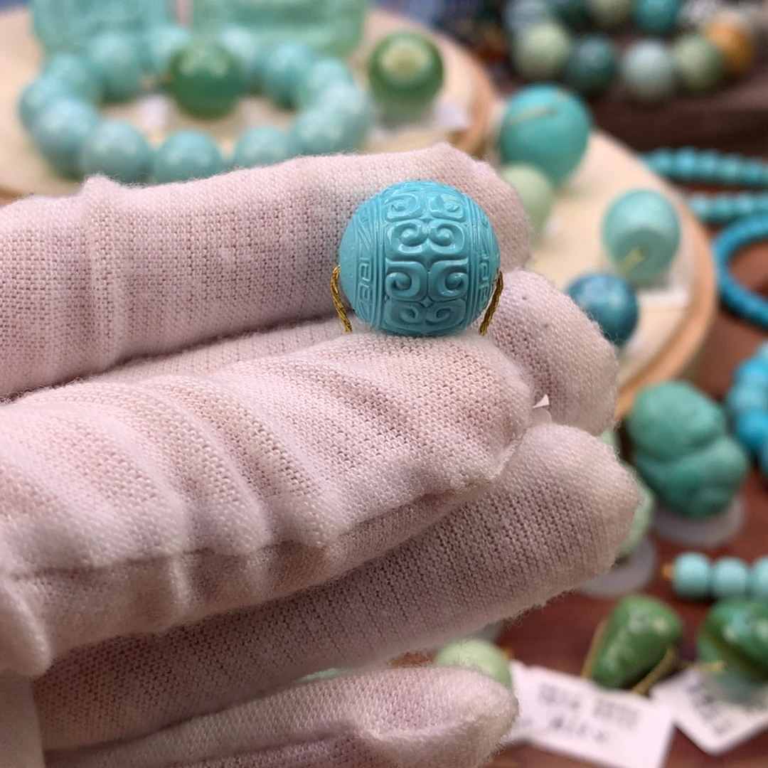 绿松石未镶嵌珠宝奇石高瓷蓝回纹圆珠14.7mm