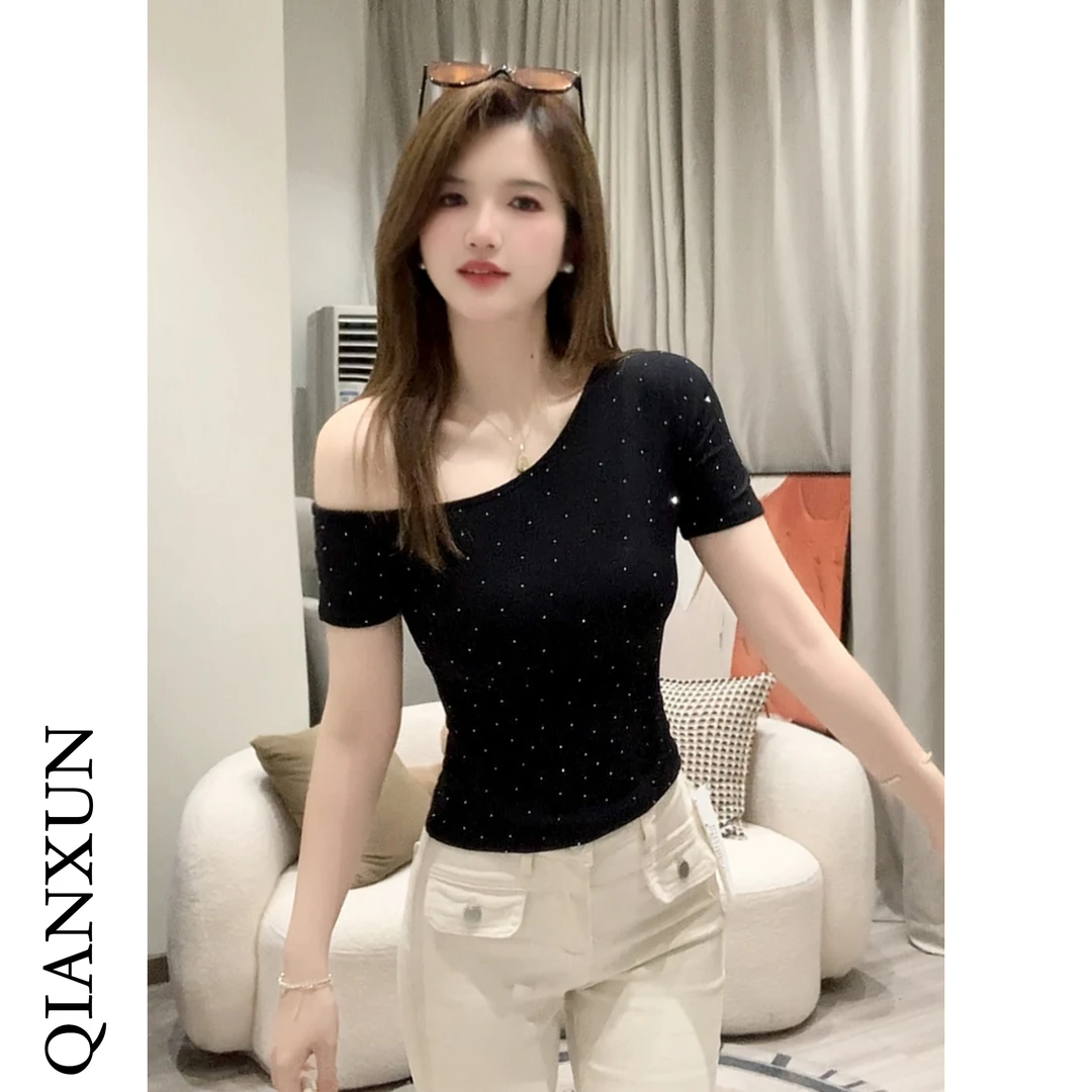 千寻家 甜辣妹风短袖斜肩烫钻T恤女装夏季修身显瘦百搭上衣
