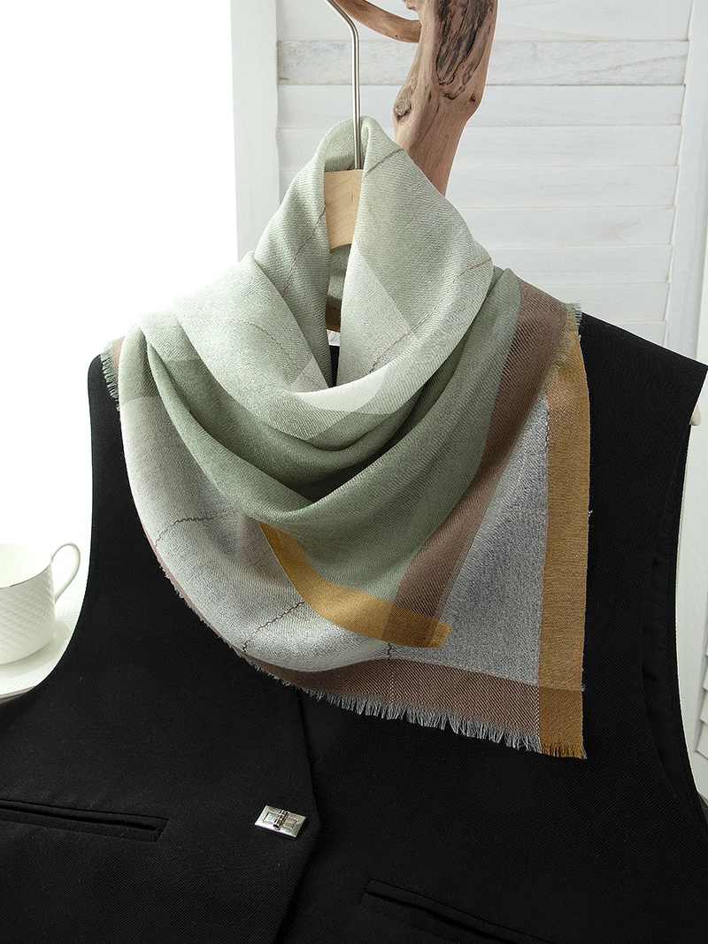 zmbeaute山羊绒色织撞色边格纹戒指绒方巾防晒小领巾围巾