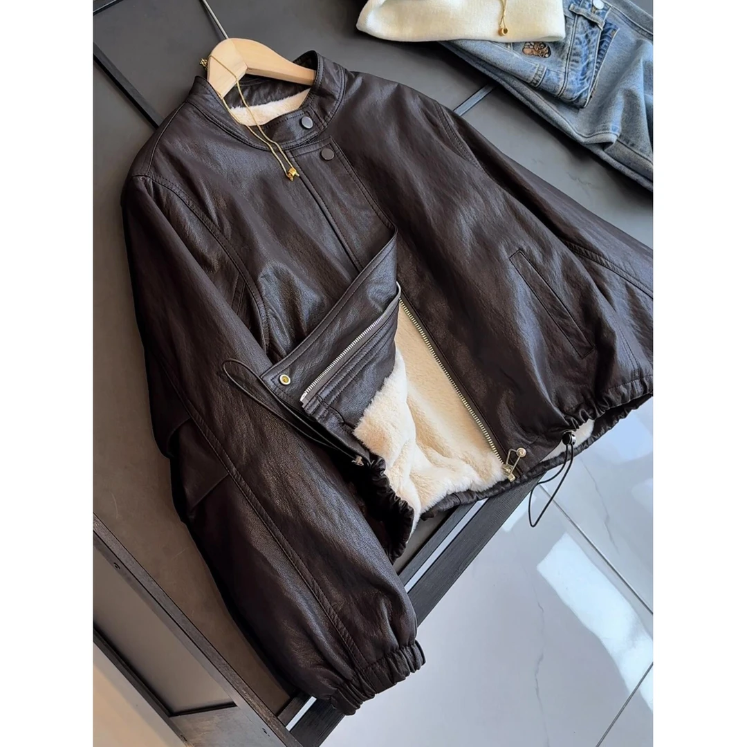 敲软糯！PU皮质加绒秋冬立领抽绳皮衣外套气质夹克大气高货