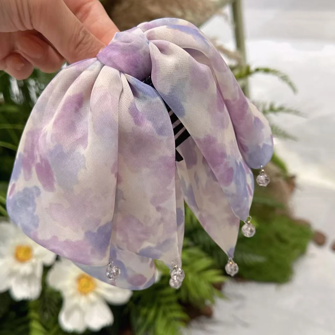 FUXI/福熙【朝花夕拾】系列轻奢时尚紫色晕染蝴蝶结高马尾抓夹2771