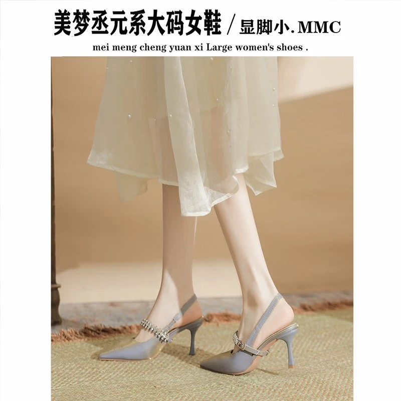 法式包头后空凉鞋仙女风尖头细跟高跟鞋水钻一字带不累脚气质单鞋