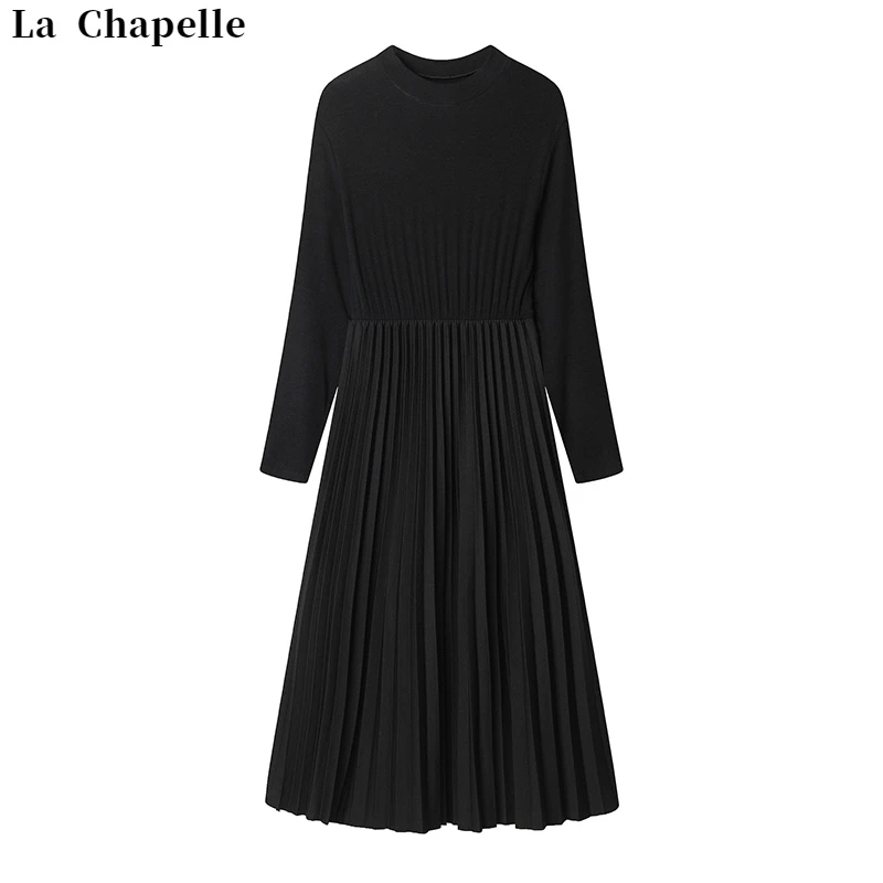La Chapelle/拉夏贝尔春秋冬针织拼接百褶连衣裙女时尚显瘦中长款