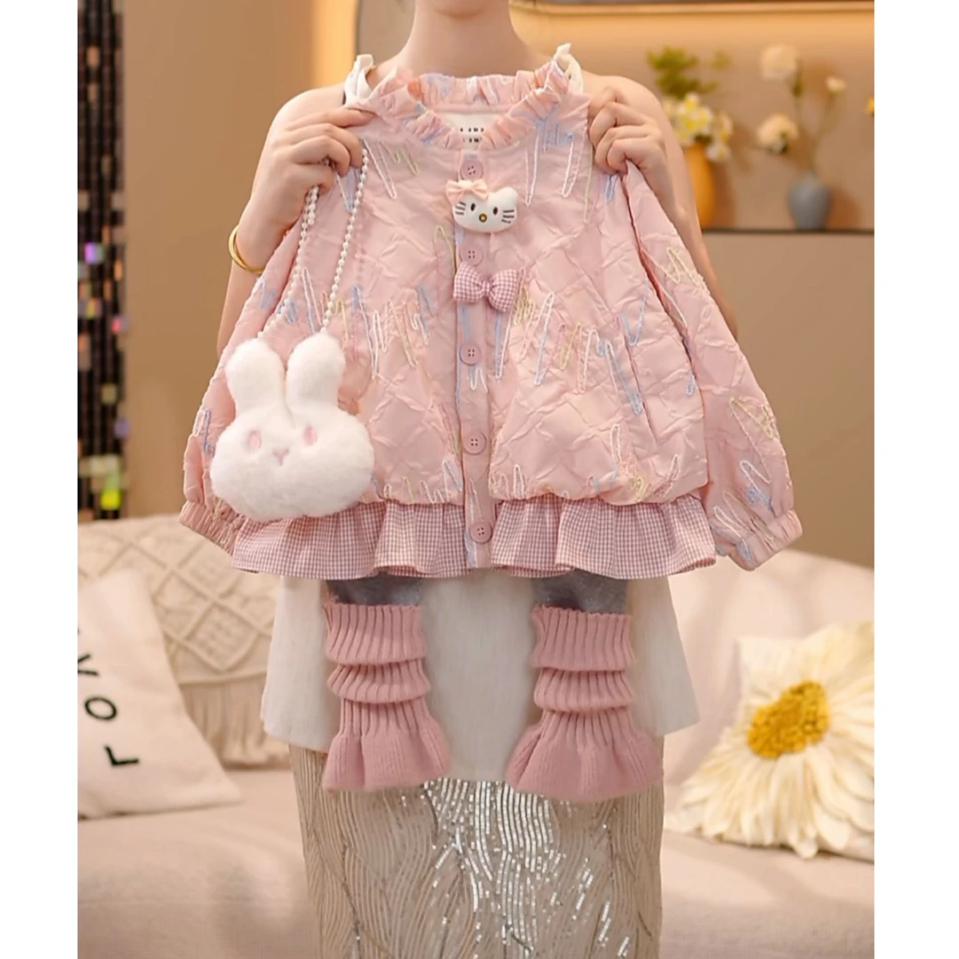 女童2025女洋气套装甜美风条纹甜美时尚秋刺绣木耳边哇哦+打底裤