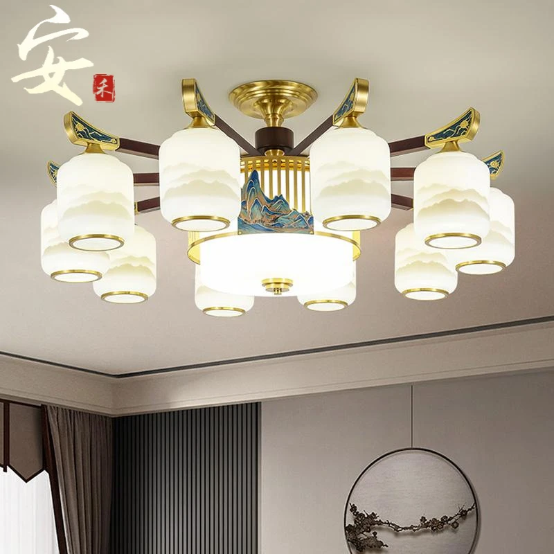 复式全铜实木新中式大吊灯中国风禅意简约大气别墅家用客厅全铜灯