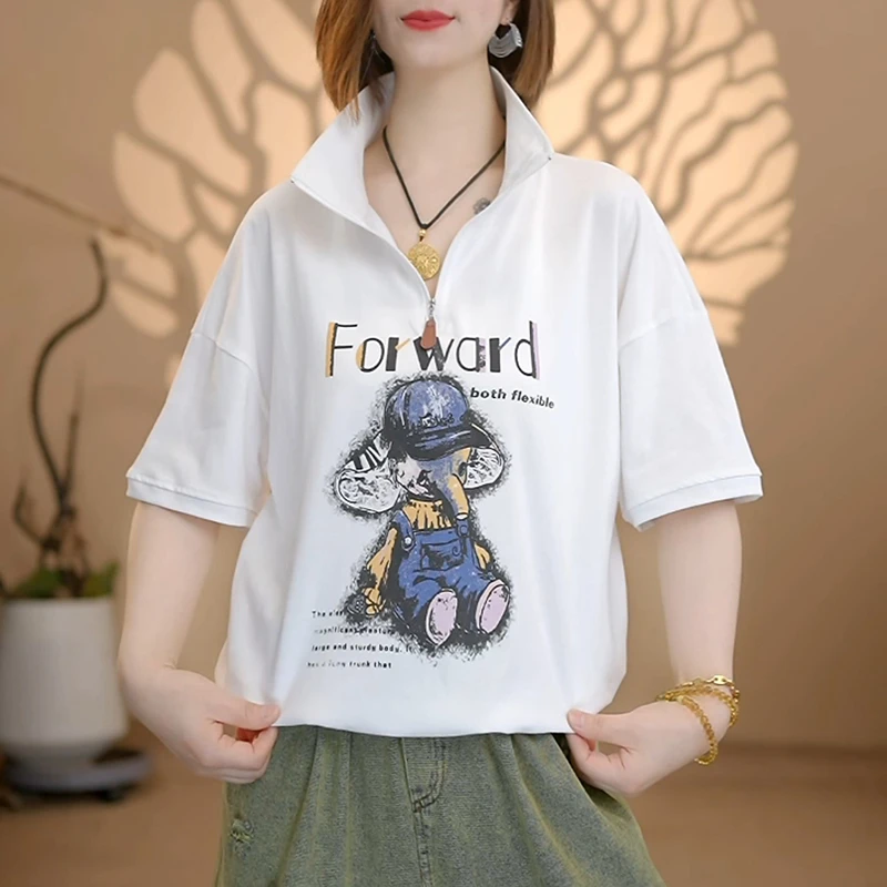 森语短袖常规款刺绣圆领通勤印花T恤夏装白色韩版时尚6117