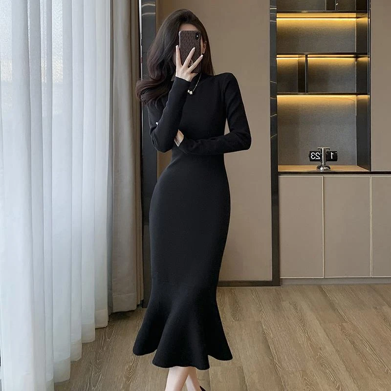 FAVMARTHA黑色打底针织洋装女秋冬气质鱼尾裙半高领内搭显瘦包臀