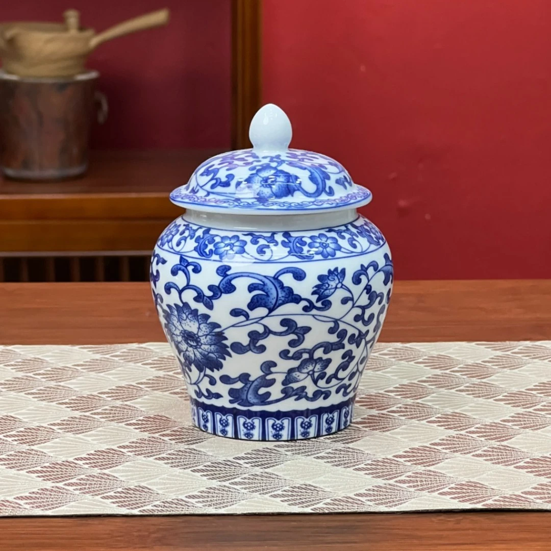 当代 欣欣茶具@@青花缠枝莲满工环彩100g装无纺布密封小将军罐
