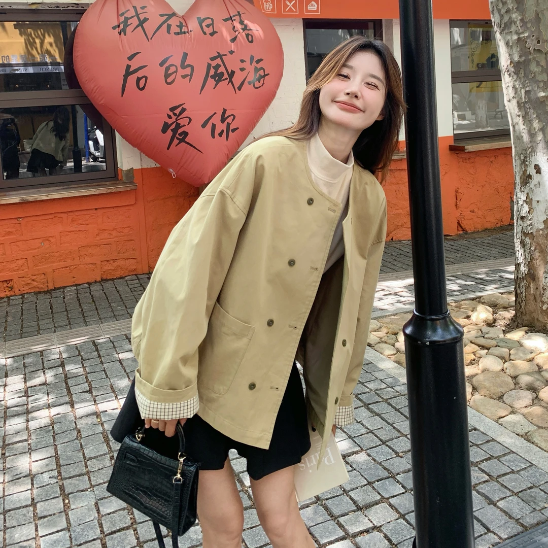韩系短款卡其色风衣外套女2025秋季新款休闲小众设计百搭通勤上衣