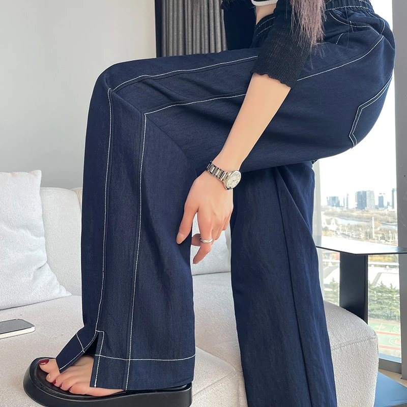 欧洲站高端开叉阔腿牛仔裤女春夏季薄款冰丝高腰垂感宽松直筒女裤