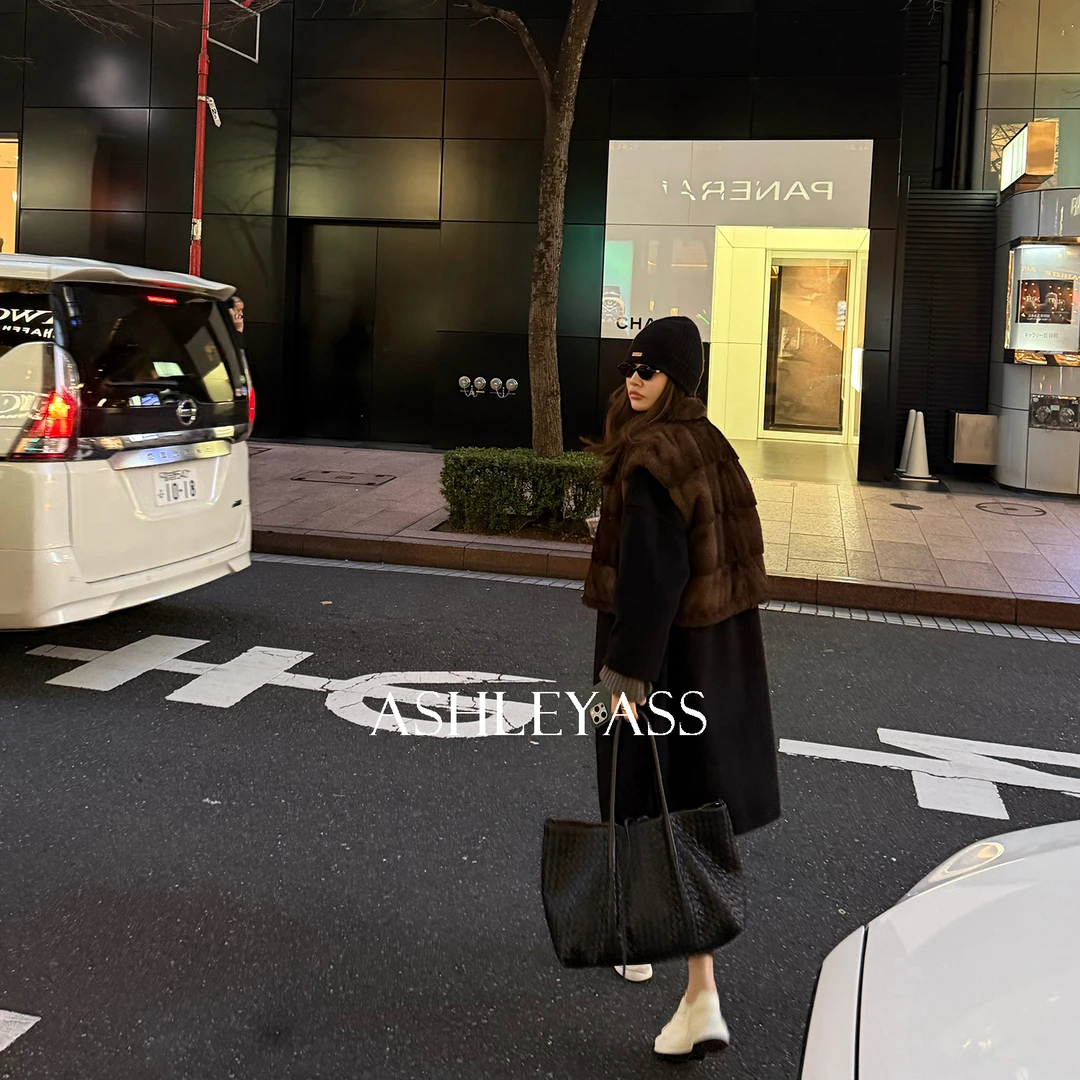 ashleyass“维多利亚”水貂毛皮马夹上衣可两面穿外套LSS241226S