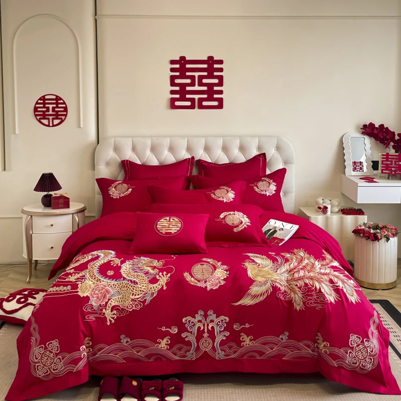 中式龙凤刺绣结婚四件套大红色床单被套喜被新婚庆床上用品