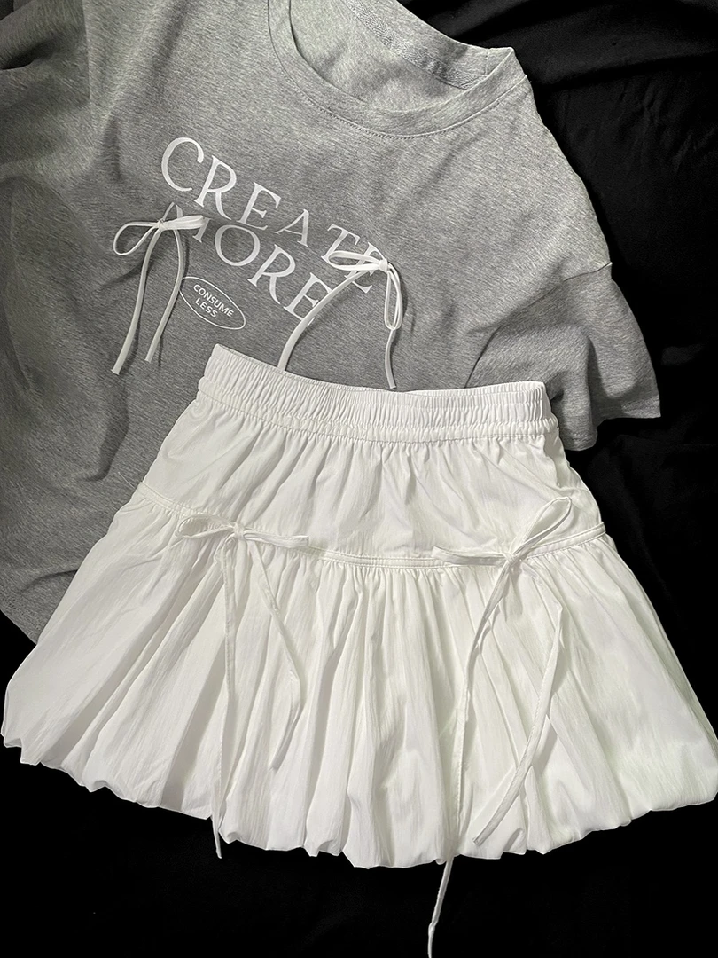 白色花苞半裙蓬蓬裙短裙女夏季新款今年流行爆款半身裙灰色泡泡裙