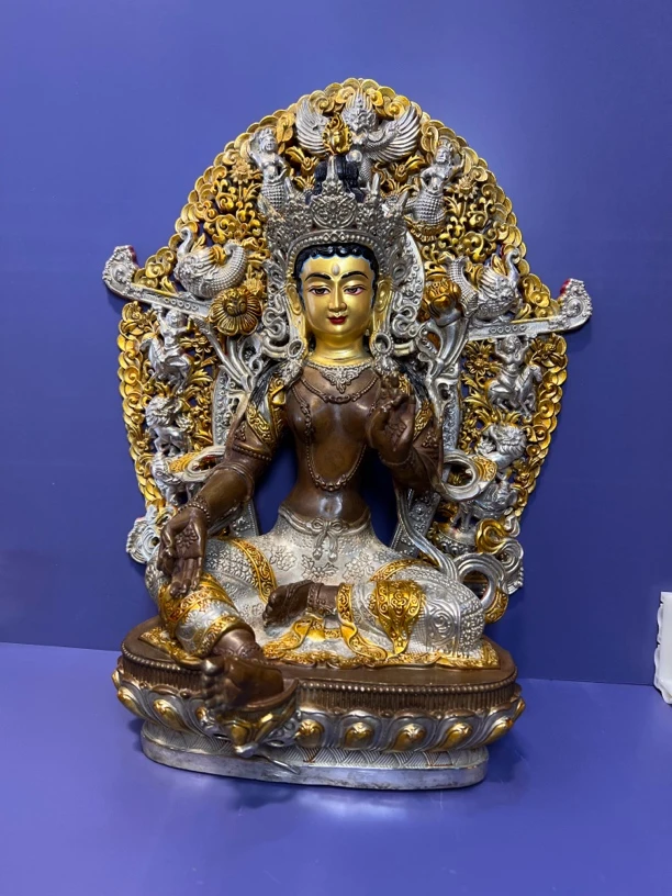 纯铜鎏金银绿度母纯铜西藏工艺传统家用摆件