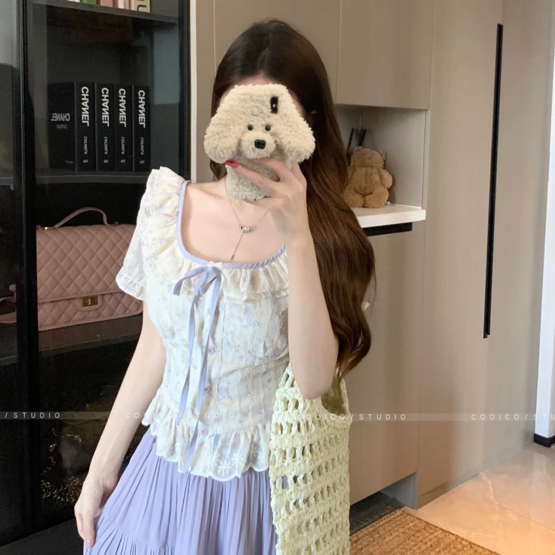 【6732】大码女装胖mm甜美风荷叶边碎花衬衫夏季遮肚子显瘦短袖上衣