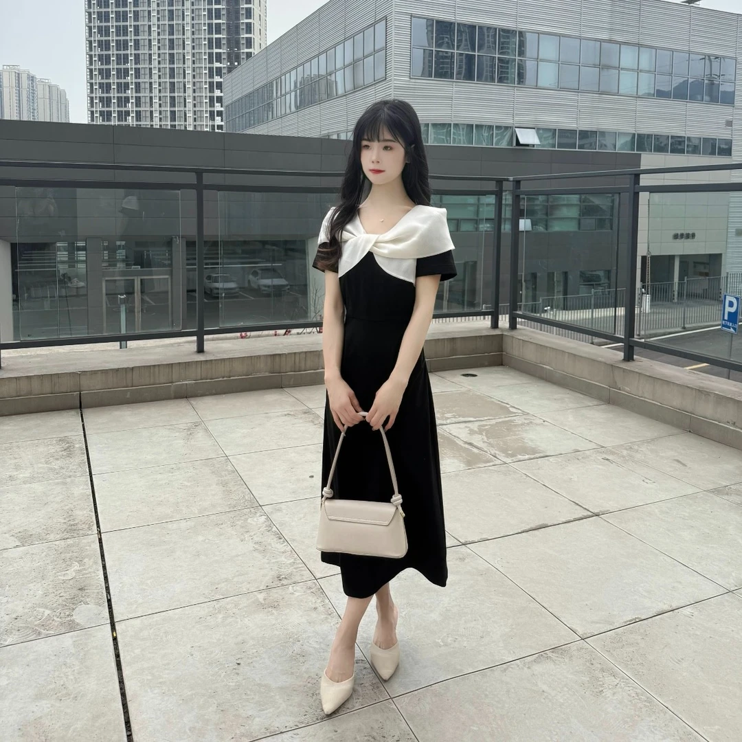 【鹤惊花250527】小个子修身显高显瘦法式气质黑白拼接连衣裙夏季