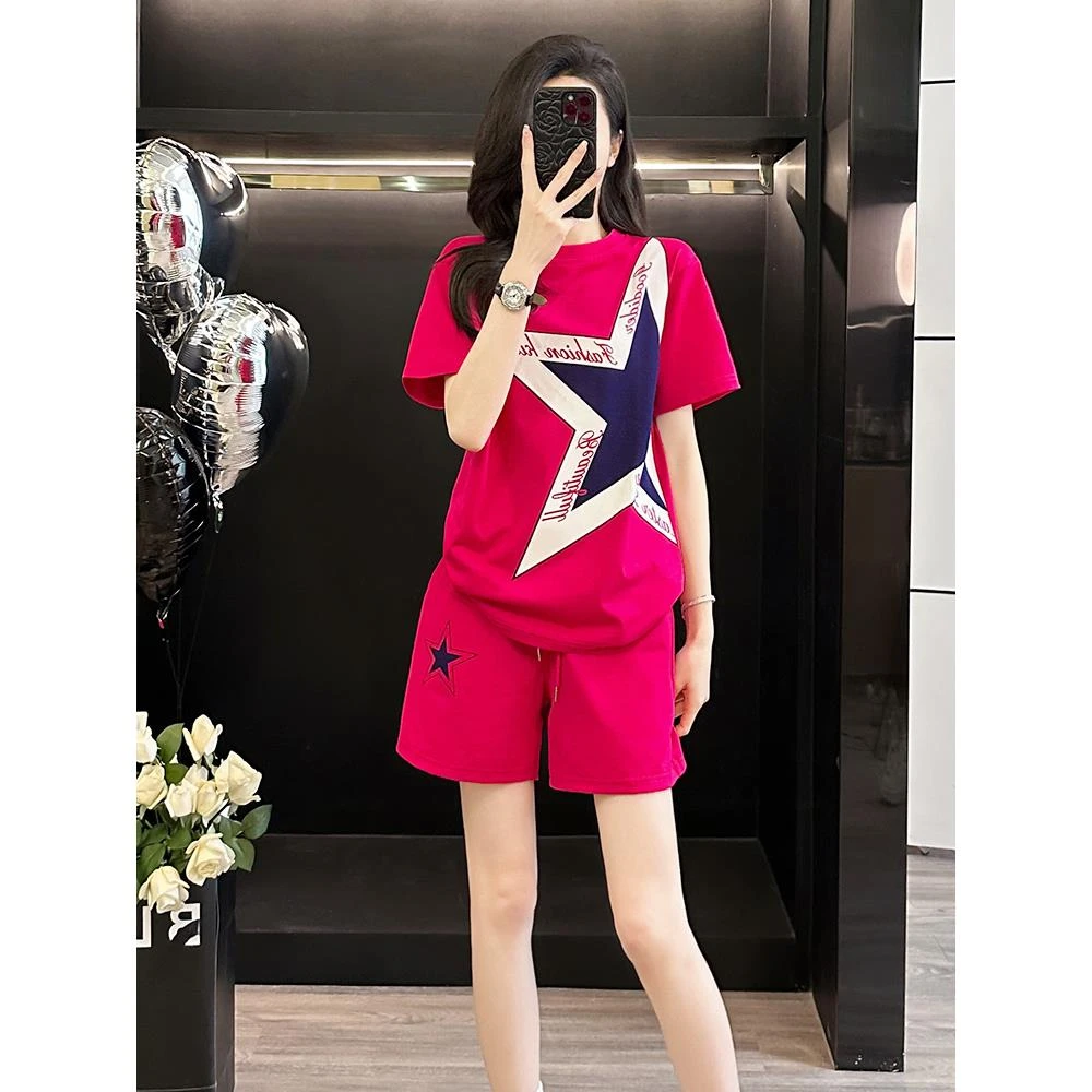 炸街广场舞休闲运动套装女夏季五角星红色T恤阔腿短裤薄款两件套