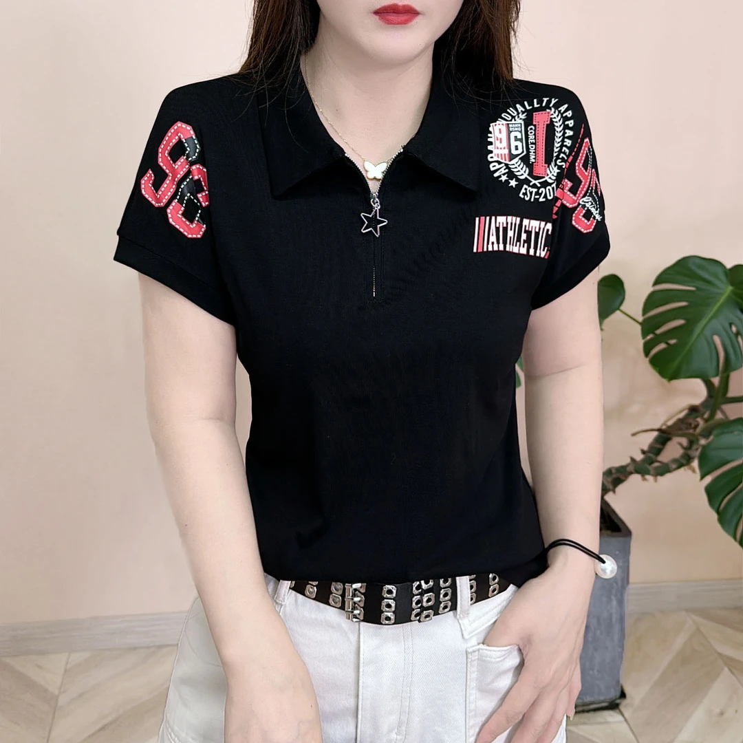 2025夏季新品时尚百搭修身显瘦个性设计感POLO领女士短袖上衣5565