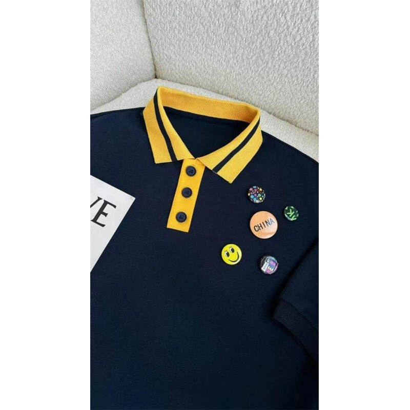 龙刀刀夏季新款潮流美式撞色设计感卡通勋章Polo领百搭短袖T恤