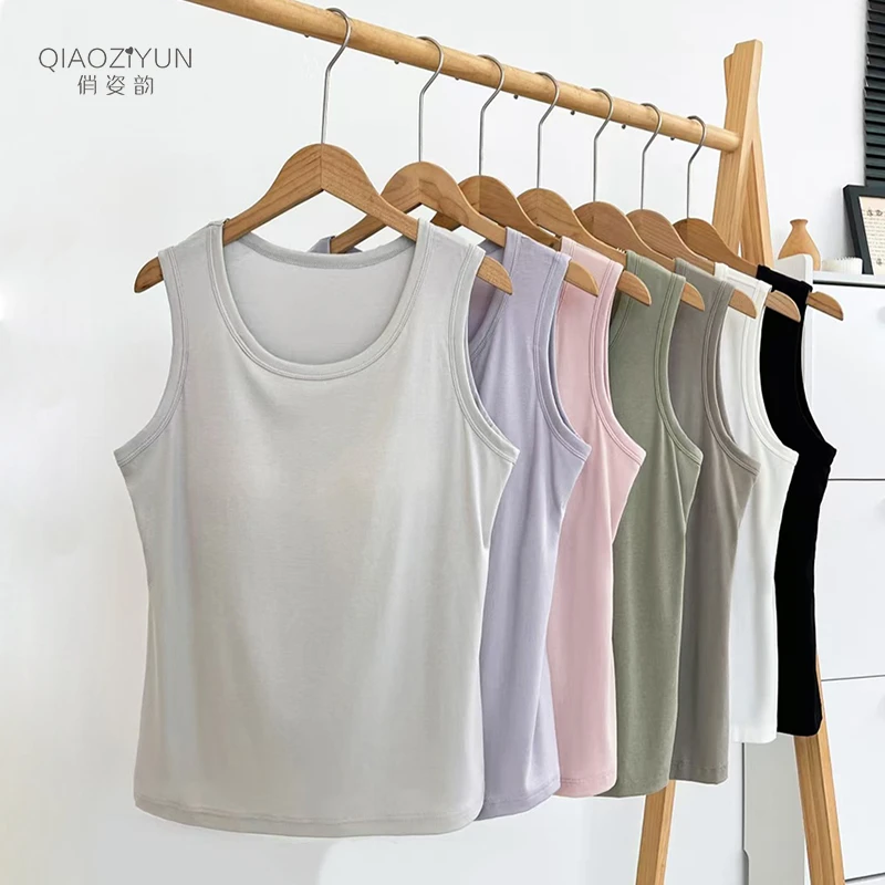 俏姿韵 加大版固定罩杯背心吊带四季百搭纯色女内搭U领加宽版背心