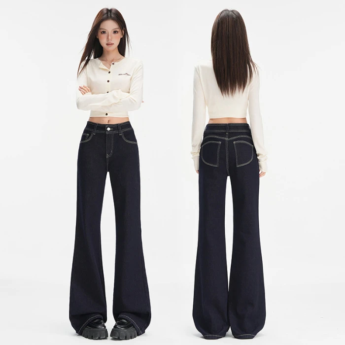 丹宁蓝高腰阔腿微喇叭牛仔裤女春秋季新款宽松显瘦松弛垂感拖地裤
