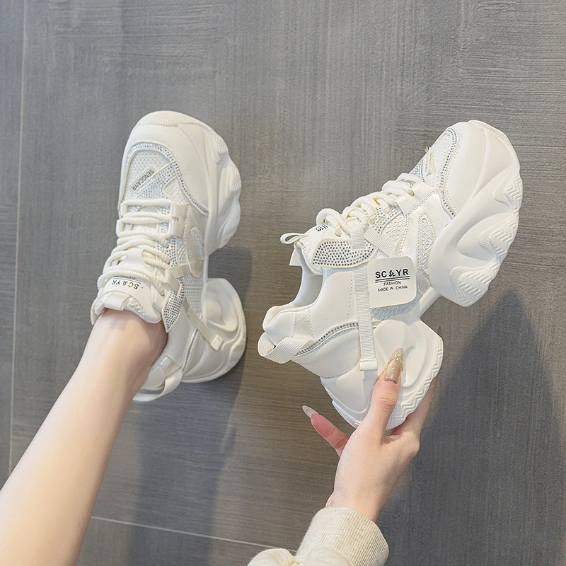时尚水钻厚底老爹鞋2025年春夏新款松糕厚底内增高小个子休闲女鞋