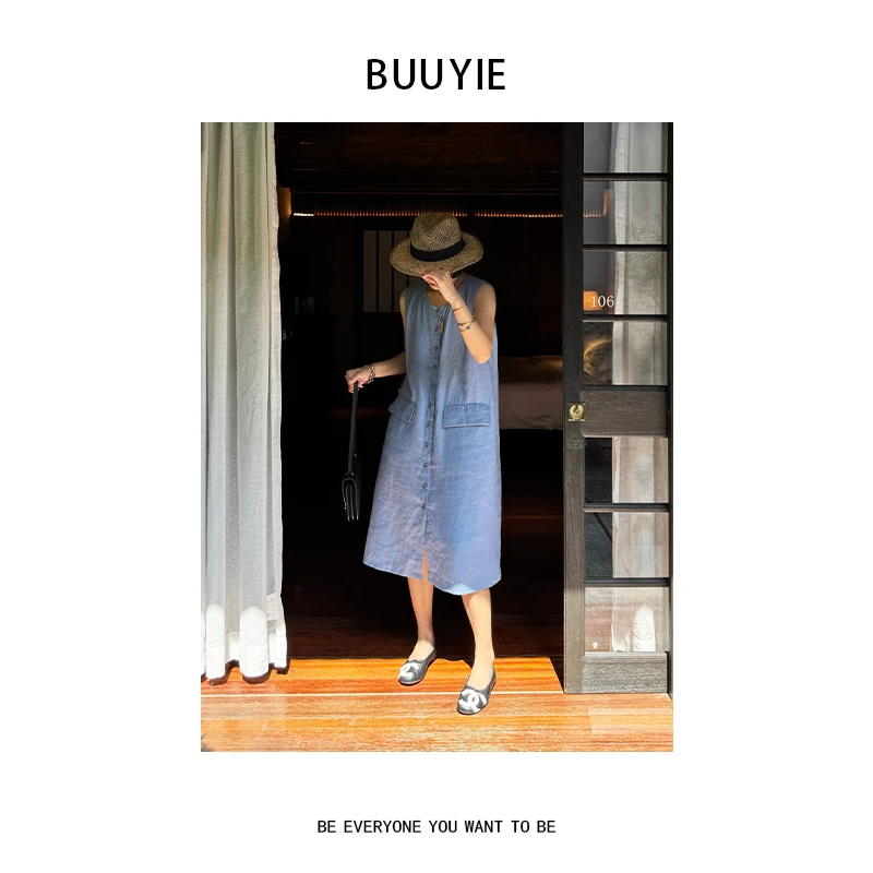 BUUYIE 25SS【栖檀】高级重磅100亚麻蓝色连衣裙 250677