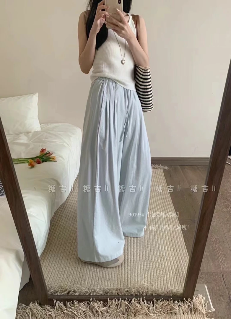 夏季慵懒风高腰显瘦天丝垂感拖地直筒休闲阔腿裤女
