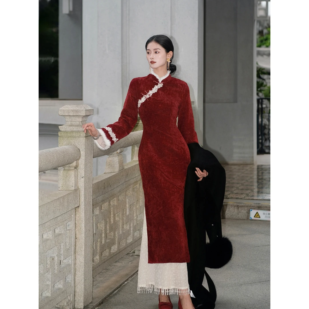 凌茜恣禾【岁无忧】国风新中式红色提花连衣裙女气质复古改良旗袍裙