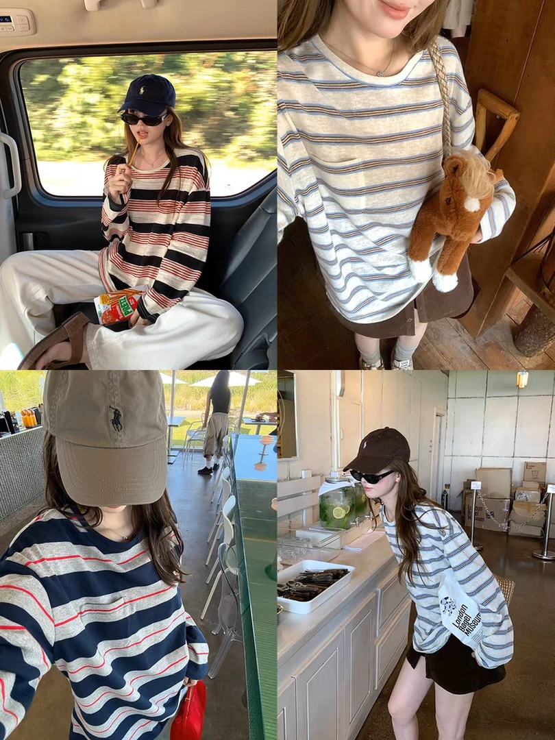 ins系美学’复古慵懒条纹圆领长袖t恤女秋宽松上衣休闲百搭8244#