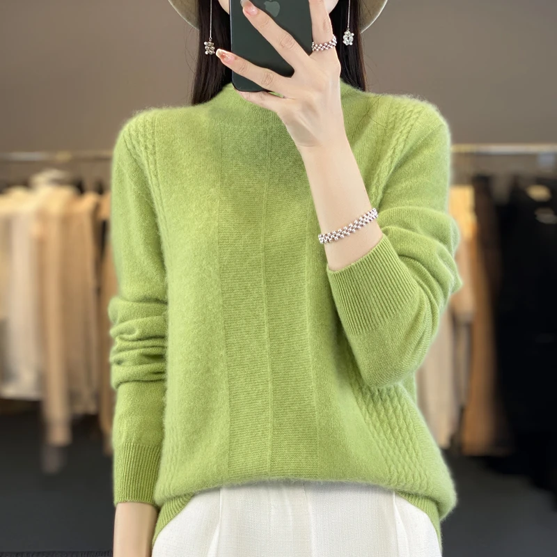 100%纯羊毛衫女半高领套头宽松打底衫秋冬新款纯色针织加厚毛衣