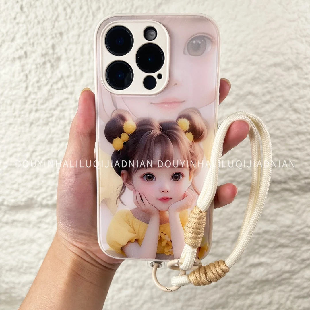 呆萌女孩玻璃壳适用iphone苹果16华为OPPO小米vivo新款挂绳手机壳