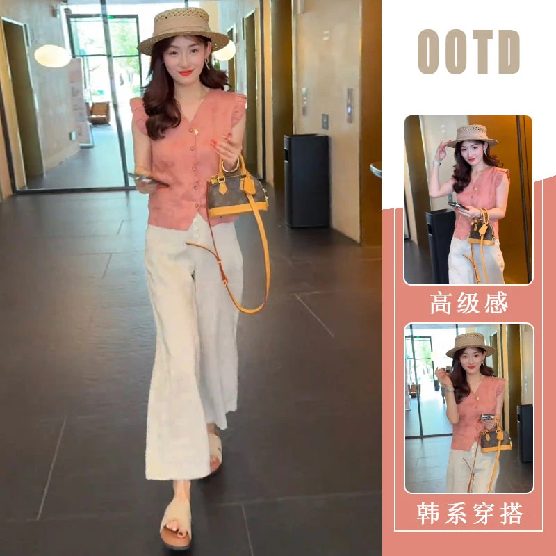 女神范时尚套装女士夏季新款洋气荷叶边无袖衬衣阔腿裤休闲两件套