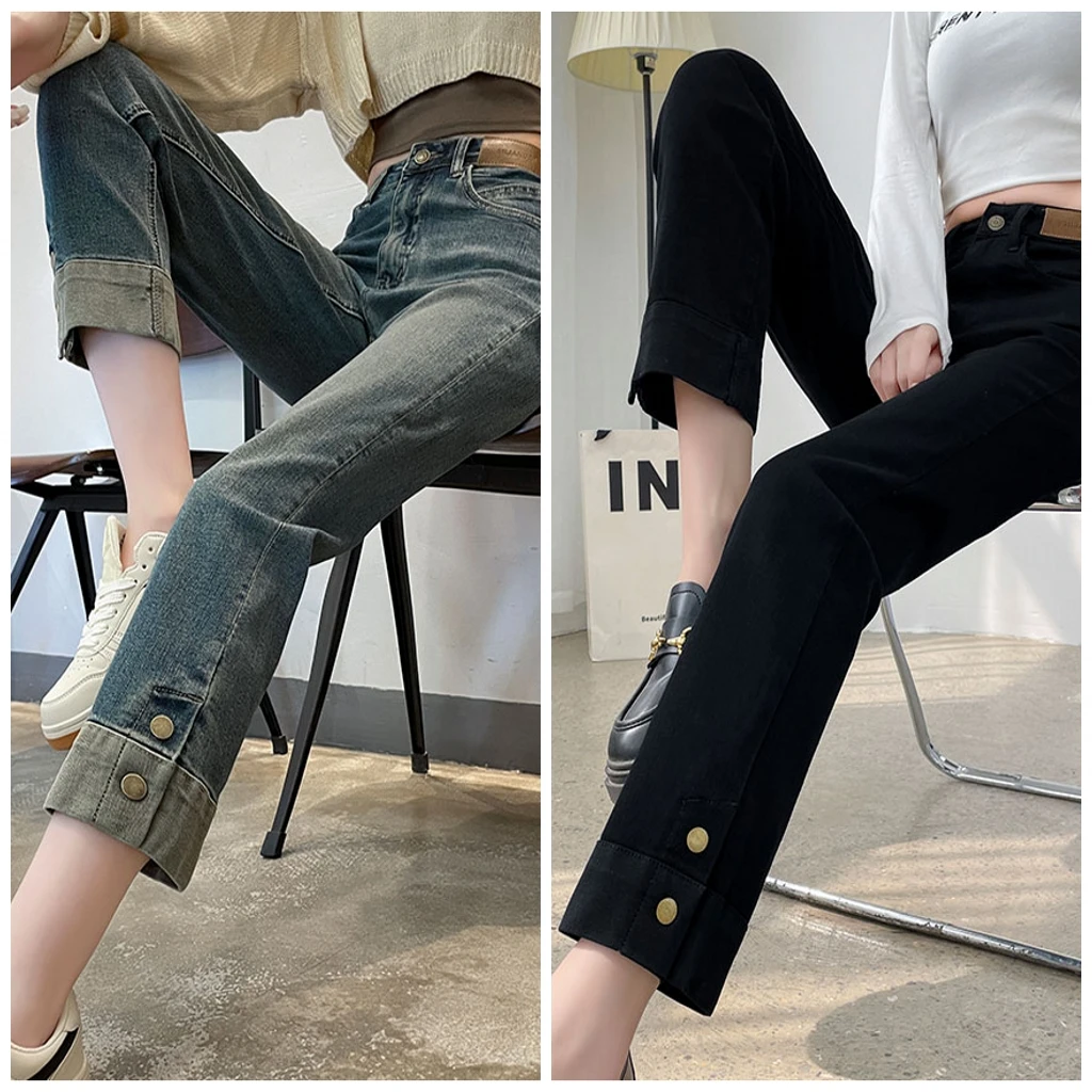 妙臻2025春秋新款大码高腰牛仔烟管直筒裤牛仔九分裤子女修身8773