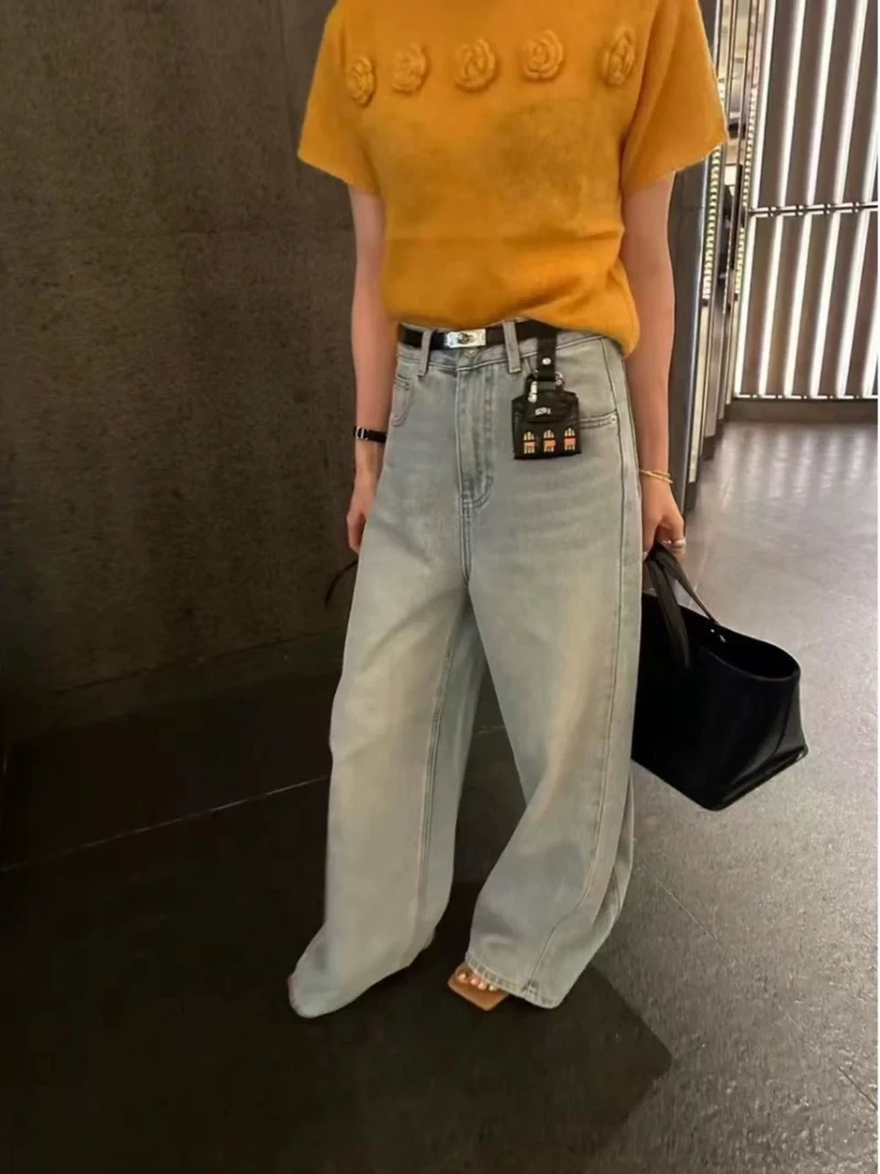 汤圆家春季韩版高腰显瘦复古直筒窄版宽松百搭牛仔拖地裤女