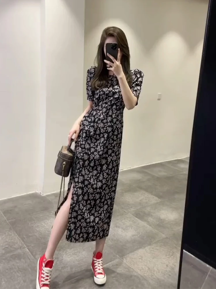 时尚法式黑色开叉碎花连衣裙女2025新款夏季轻奢高级感气质显瘦潮