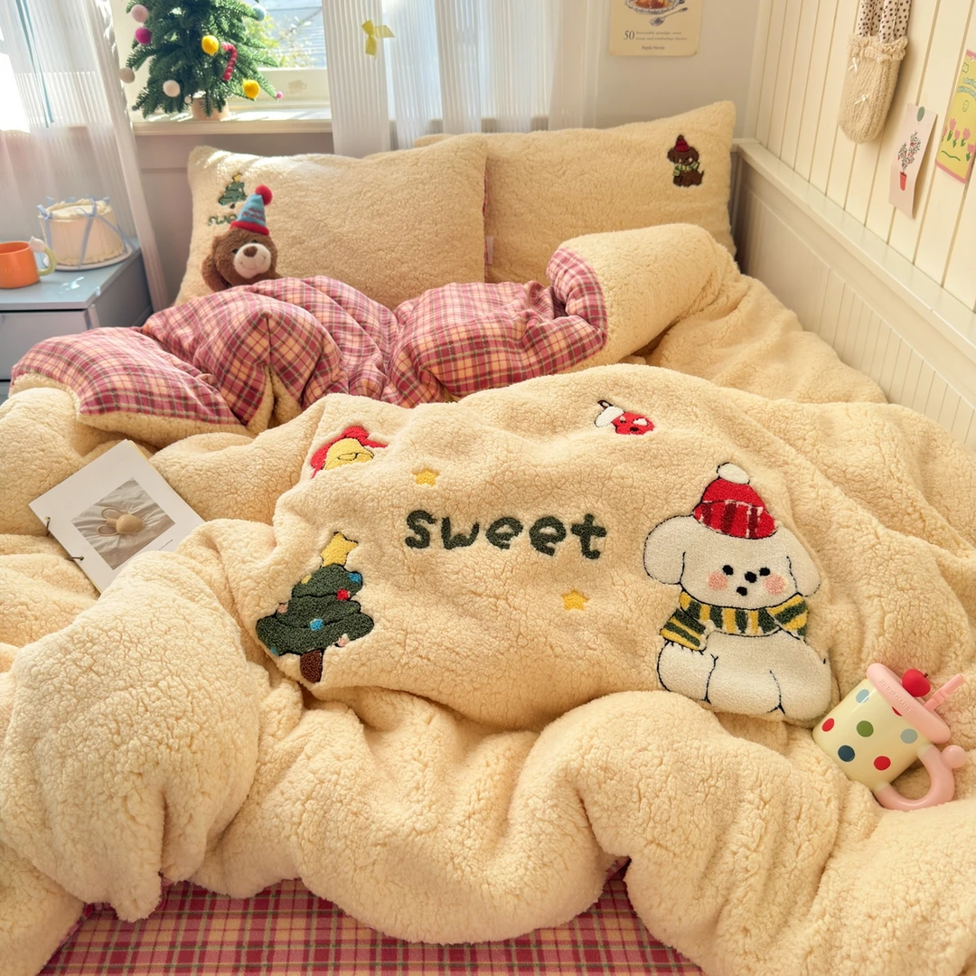 卡通羊羔绒牛奶绒毛巾绣加厚四件套双面绒可爱学生宿舍单人三件套