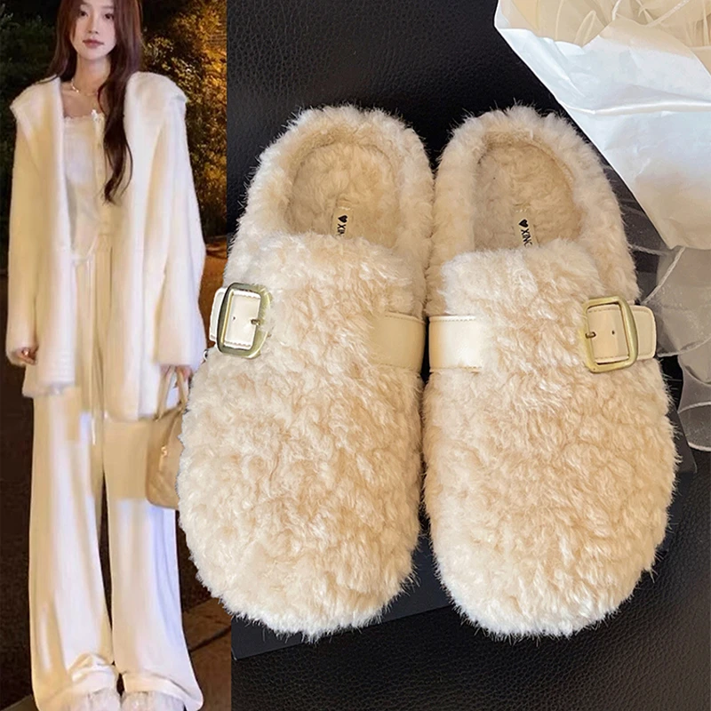 网红毛毛拖鞋女外穿2025新款秋冬一脚蹬包头半拖鞋厚底毛绒棉拖鞋